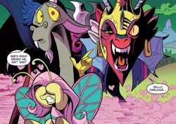 Size: 851x599 | Tagged: safe, artist:andypriceart, derpibooru import, idw, big macintosh, cosmos (character), discord, fluttershy, princess cadance, princess celestia, princess luna, twilight sparkle, zecora, butterfly, butterfly pony, draconequus, hybrid, pony, spoiler:comic, spoiler:comic77, adorable distress, antennae, butterfly wings, cosmageddon, covering eyes, creepy, cute, dialogue, discute, ear piercing, earring, fangs, female, helmet, jesus christ how horrifying, jewelry, male, mare, nightmare fuel, official comic, open mouth, piercing, scared, smoke, species swap, speech bubble, trio, underhoof, wings