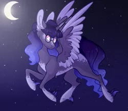 Size: 873x760 | Tagged: safe, artist:sararini, derpibooru import, oc, oc:moonstruck, alicorn, pony, alicorn oc, female, flying, glasses, horn, mare, moon, night, solo, wings