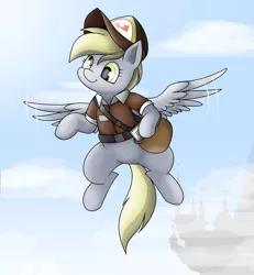 Size: 2080x2248 | Tagged: safe, artist:pencil bolt, derpibooru import, derpy hooves, pegasus, pony, canterlot, cloud, cute, derpabetes, female, flying, hat, letter, light, mailmare, mailmare hat, mare, satchel, sky, solo, spread wings, wing flap, wings