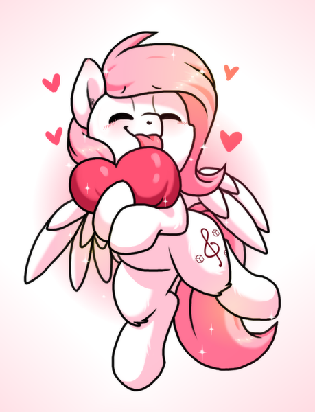 Size: 650x850 | Tagged: safe, artist:paperbagpony, derpibooru import, oc, oc:sugar morning, unofficial characters only, pegasus, pony, blushing, female, happy, heart, hug, in love, mare, smiling, sparkles, tongue out