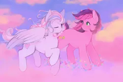 Size: 1280x860 | Tagged: safe, artist:serafelis, derpibooru import, skywishes, star catcher, butterfly, earth pony, pegasus, pony, dancing in the clouds, blushing, cloud, cute, female, flying, g3, g3 to g4, generation leap, lesbian, looking at each other, mare, one eye closed, raised hoof, scene interpretation, shipping, skycatcher, sparkles, wink