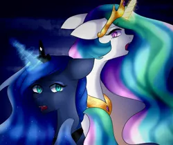 Size: 2140x1800 | Tagged: safe, artist:verbamagistri, derpibooru import, princess celestia, princess luna, alicorn, pony, abstract background, crown, duo, ethereal mane, female, floppy ears, glowing horn, horn, jewelry, looking at you, looking back, mare, open mouth, regalia, royal sisters, siblings, sisters