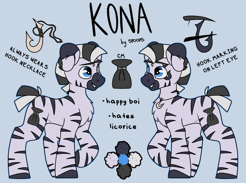 Size: 3500x2605 | Tagged: safe, artist:spoopygander, derpibooru import, oc, oc:kona, pony, chest fluff, cutie mark, happy, hook, jewelry, male, markings, multicolored hair, necklace, open mouth, reference sheet, smiling, stallion, stripes, text, zeeb