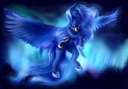 Size: 5800x4042 | Tagged: safe, artist:pabelka-belka, derpibooru import, princess luna, alicorn, pony, absurd resolution, armor, aurora borealis, ethereal mane, female, flying, hair over one eye, jewelry, looking at you, mare, night, regalia, smiling, solo, spread wings, starry mane, starry wings, wings