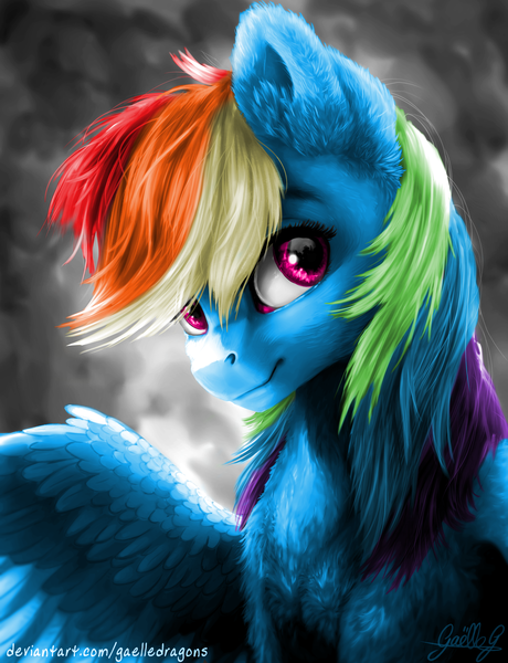 Size: 3529x4600 | Tagged: safe, artist:gaelledragons, artist:skittle_cuddler, color edit, derpibooru import, edit, rainbow dash, pony, colored, half body, looking at you, signature, smiling, solo, spread wings, wings