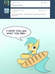 Size: 750x1010 | Tagged: safe, artist:datahmedz, derpibooru import, sunshower raindrops, pony, raindropsanswers, ask, bread, food, solo, tumblr