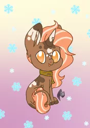 Size: 899x1280 | Tagged: safe, artist:lilac love, derpibooru import, oc, oc:spotty lionmane, unofficial characters only, pony, unicorn, chibi, clothes, female, gradient background, horn, leonine tail, looking at you, mare, no pupils, open mouth, scarf, signature, sitting, snow, spots, two toned mane, two toned tail