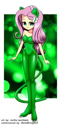 Size: 660x1340 | Tagged: safe, artist:twilite-sparkleplz, derpibooru import, fluttershy, cat, equestria girls, bare shoulders, breasts, cat ears, cat tail, catgirl, catsuit, female, latex, latex suit, sexy, simple background, sleeveless, solo, strapless, unitard