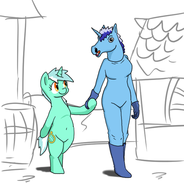 Size: 600x600 | Tagged: safe, artist:kushina13, derpibooru import, lyra heartstrings, minuette, human, pony, unicorn, bipedal, disguise, fake minuette, female, holding hooves, mare, ponysuit