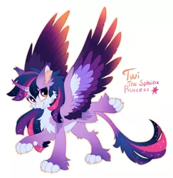 Size: 1243x1280 | Tagged: alicorn, alternate design, artist:hioshiru, chest fluff, curved horn, cute, derpibooru import, ear fluff, fangs, fluffy, horn, leg fluff, leonine tail, multicolored hair, paws, safe, species swap, sphinx, sphinxified, tail fluff, twilight sparkle, twilight sparkle (alicorn)