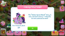 Size: 1280x720 | Tagged: alicorn, apple, apple family member, apple fritter, auntie applesauce, balloon, button mash, cake, candy apples, derpibooru import, father knows beast, food, gameloft, gem, hug, lidded eyes, limited-time story, liza doolots, peachy sweet, petunia, pinkie pie, queen chrysalis, rarity, safe, spike, tootsie flute, trouble shoes, twilight sparkle, twilight sparkle (alicorn), twist, winghug