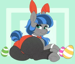 Size: 1190x1024 | Tagged: suggestive, artist:littlebibbo, derpibooru import, oc, oc:bibbo, unofficial characters only, pegasus, pony, abstract background, blushing, bunny suit, clothes, cuffs (clothes), easter egg, eyeshadow, freckles, large butt, looking at you, lying down, makeup, smiling, solo, the ass was fat