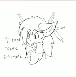 Size: 871x886 | Tagged: safe, artist:lunar froxy, derpibooru import, oc, oc:lunar frost, unofficial characters only, bat pony, pony, ear fluff, eye clipping through hair, male, meme, risk of rain 2, sketch, slit eyes, smiling, stallion, syringe