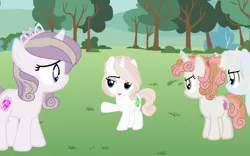 Size: 1024x637 | Tagged: safe, artist:aureliaflames, derpibooru import, oc, oc:adelia elodie liz, oc:pale illusion, oc:tiny tiara, oc:tixbit tune, unofficial characters only, pony, unicorn, female, filly, grass, horn, mocking, next generation, offspring, outdoors, parent:button mash, parent:diamond tiara, parent:fleur-de-lis, parent:pipsqueak, parent:prince blueblood, parent:sweetie belle, parent:trixie, parents:bluetrix, parents:fleur-de-blueblood, parents:piptiara, parents:sweetiemash, tree, unicorn oc