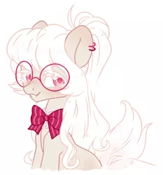 Size: 1700x1822 | Tagged: safe, artist:hawthornss, derpibooru import, oc, oc:nemo von silver, pony, albino, blushing, ear piercing, earring, femboy, glasses, jewelry, male, piercing, ponytail, ribbon, simple background, smiling, white background