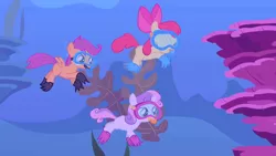 Size: 1280x720 | Tagged: safe, derpibooru import, screencap, apple bloom, scootaloo, sweetie belle, earth pony, pegasus, pony, unicorn, the show stoppers, coral, cutie mark crusaders, female, filly, foal, scuba, scuba diving, scuba mask, snorkel, trio, underwater