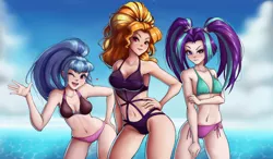 Size: 2052x1200 | Tagged: adagio dazzle, aria blaze, aria flat, armpits, artist:the-park, beach, bikini, blushing, breasts, busty adagio dazzle, busty sonata dusk, cleavage, clothes, delicious flat chest, derpibooru import, female, human, human coloration, humanized, midriff, ocean, sexy, smiling, sonata dusk, suggestive, swimsuit, the dazzlings, trio