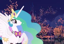 Size: 5376x3704 | Tagged: safe, artist:90sigma, artist:disneymarvel96, derpibooru import, edit, vector edit, princess celestia, pony, bowtie, castle, crown, disney, disney princess, jewelry, lanterns, night, rapunzel, regalia, sun, tangled (disney), tiara, vector