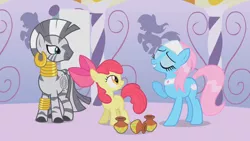 Size: 1280x720 | Tagged: safe, derpibooru import, screencap, apple bloom, lotus blossom, zecora, earth pony, pony, zebra, bridle gossip, ear piercing, earring, female, filly, foal, jewelry, leg rings, mare, neck rings, piercing, raised hoof