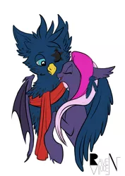 Size: 2893x4092 | Tagged: safe, artist:allocen, derpibooru import, oc, oc:eid, oc:lilac mist, unofficial characters only, bat pony, gryphon, clothes, ear piercing, earring, feather, female, holiday, hug, jewelry, male, nuzzling, piercing, scarf, shipping, straight, valentine's day, winghug