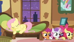 Size: 1920x1080 | Tagged: safe, derpibooru import, screencap, apple bloom, fluttershy, scootaloo, sweetie belle, earth pony, pegasus, pony, unicorn, stare master, cape, clothes, cmc cape, couch, cutie mark crusaders, eyes closed, fainting couch, female, filly, fluttershy's cottage, foal, licking, licking lips, mare, sleeping, sneaking, tongue out