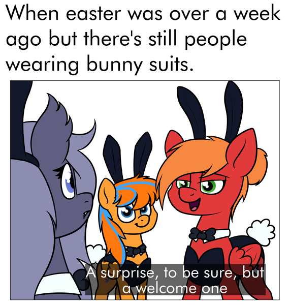 Size: 2734x2872 | Tagged: safe, artist:moonatik, derpibooru import, oc, oc:cold front, oc:moonatik, oc:selenite, bat pony, pegasus, pony, bat pony oc, bat wings, bowtie, bunny ears, bunny suit, bunny tail, caption, clothes, crossdressing, hair bun, male, meme, missing accessory, parody, prequel meme, scene interpretation, scene parody, simple background, star wars, text, the phantom menace, wings