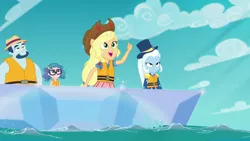 Size: 1920x1080 | Tagged: safe, derpibooru import, screencap, applejack, technicolor waves, trixie, equestria girls, equestria girls series, spring breakdown, spoiler:eqg series (season 2), background human, boat, lifejacket, ponied up, super ponied up