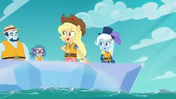 Size: 1920x1080 | Tagged: safe, derpibooru import, screencap, applejack, technicolor waves, trixie, equestria girls, equestria girls series, spring breakdown, spoiler:eqg series (season 2), background human, boat, lifejacket, ponied up, super ponied up