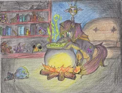 Size: 3322x2550 | Tagged: safe, artist:edhelistar, derpibooru import, discord, oc, oc:belladonna lamia, pony, spider, unicorn, amethyst, bag, berry, book, bookshelf, burning, cauldron, couch, dark room, disguise, ear piercing, eea rulebook, female, fifty shades of grey, fire, food, friendship journal, log, magazine, marble, mare, piercing, playmare, poison joke, popcorn, skull, song of ice and fire, spider web, steam, teddy bear, traditional art, wall clock