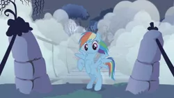 Size: 1280x720 | Tagged: safe, derpibooru import, screencap, rainbow dash, pegasus, pony, friendship is magic, female, fog, mare, rearing, rope bridge, smoke, solo, tree