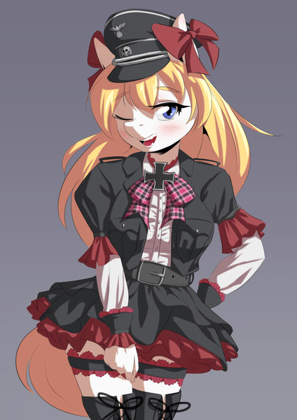 Size: 1924x2720 | Tagged: anthro, artist:aryanne, aryan, aryanbetes, aryan pony, beautiful, belt, blonde, blushing, boots, bow, clothes, cute, cute little fangs, derpibooru import, dress, ear bow, fangs, female, frilly dress, garter, gothic lolita, gradient background, hair bow, looking at you, miniskirt, moe, nazi, nazipone, oc, oc:aryanne, one eye closed, open mouth, reichsadler, ribbon, safe, shoes, skirt, skirt pull, solo, swastika, thigh boots, unofficial characters only, wink