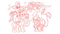 Size: 1280x720 | Tagged: safe, artist:carouselunique, derpibooru import, big macintosh, princess cadance, thorax, oc, oc:ambrosia, oc:cortland, oc:honeycrisp blossom, changedling, changeling, earth pony, pegasus, pony, adopted offspring, alternate universe, boop, cadmac, colt, family, female, filly, flower, flower in hair, flying, freckles, infidelity, male, mare, missing accessory, missing cutie mark, monochrome, noseboop, offspring, parent:big macintosh, parent:princess cadance, parents:cadmac, pegasus cadance, shipping, simple background, stallion, straight, white background, younger