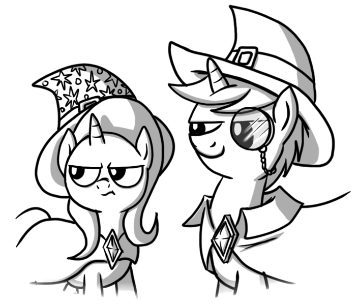 Size: 930x793 | Tagged: safe, artist:petirep, derpibooru import, oc, unofficial characters only, pony, unicorn, buck legacy, annoyed, black and white, buckle, card art, cloak, clothes, fantasy class, female, grayscale, hat, jewelry, monochrome, monocle, not trixie, simple background, transparent background, wizard, wizard hat