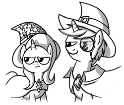 Size: 930x793 | Tagged: safe, artist:petirep, derpibooru import, oc, unofficial characters only, pony, unicorn, buck legacy, annoyed, black and white, buckle, card art, cloak, clothes, fantasy class, female, grayscale, hat, jewelry, monochrome, monocle, not trixie, simple background, transparent background, wizard, wizard hat