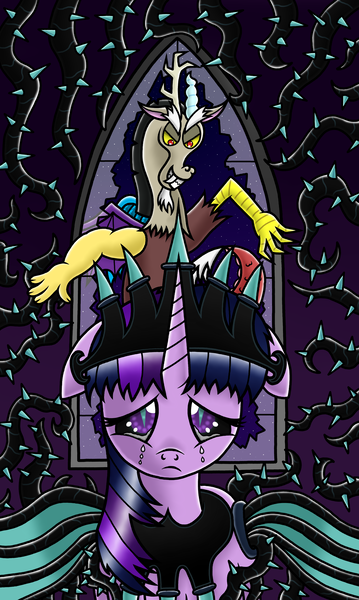 Size: 2093x3496 | Tagged: safe, artist:heartshielder1991, derpibooru import, discord, twilight sparkle, twilight sparkle (alicorn), oc, oc:plunderseedqueen, alicorn, pony, black vine, crying, floppy ears, plunder seeds, slit eyes