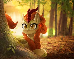 Size: 2400x1900 | Tagged: safe, artist:renokim, derpibooru import, autumn blaze, kirin, :o, awwtumn blaze, cloven hooves, colored pupils, cute, female, forest, image, irl, looking at you, nature, open mouth, outdoors, photo, png, ponies in real life, prone, scales, solo, tree, under the tree, wide eyes