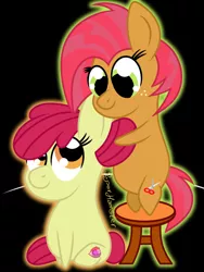 Size: 1080x1433 | Tagged: safe, artist:puperhamster, derpibooru import, apple bloom, babs seed, earth pony, pony, adorababs, adorabloom, black background, chibi, cousins, cute, cutie mark, female, filly, simple background, smiling, the cmc's cutie marks