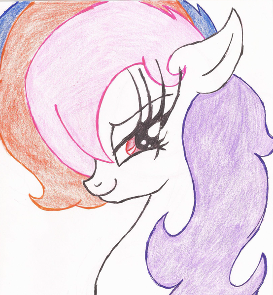 Size: 1624x1760 | Tagged: safe, artist:wyren367, derpibooru import, oc, oc:lila love, pony, colored pencil drawing, female, looking at you, mare, profile picture, side view, simple background, smiling, traditional art