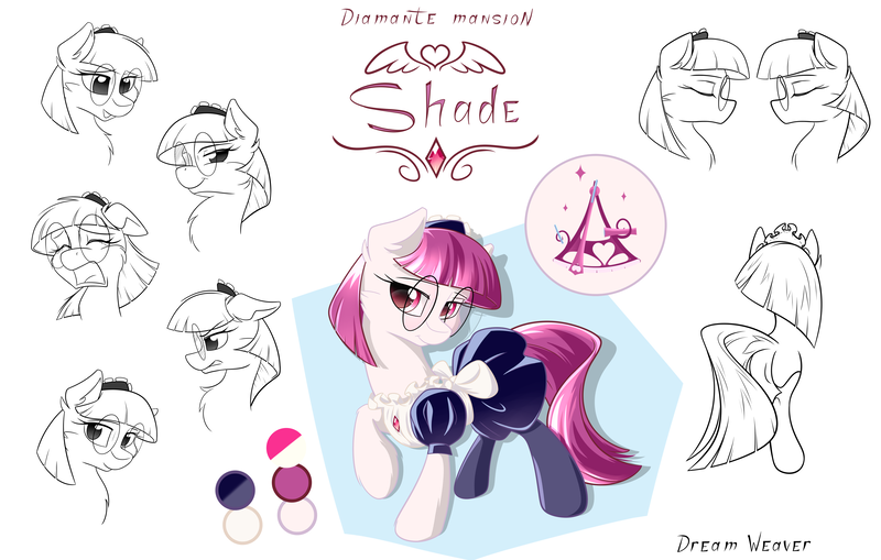 Size: 5500x3500 | Tagged: safe, artist:dreamweaverpony, derpibooru import, oc, oc:shade, earth pony, pony, angry, beautiful, cheek fluff, clothes, color palette, cool, crying, cute, expressions, eyelashes, eyes closed, female, fluffy, glasses, looking at you, maid, maid headdress, mare, neck fluff, profile, raised hoof, rear view, red eyes, red hair, reference, reference sheet, sad, side, sketch, smiling, socks, solo