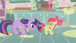 Size: 1280x720 | Tagged: safe, derpibooru import, screencap, apple bloom, twilight sparkle, earth pony, pony, unicorn, call of the cutie, female, filly, foal, kitchen, mare, mess, out of context, sweat, tired, unicorn twilight