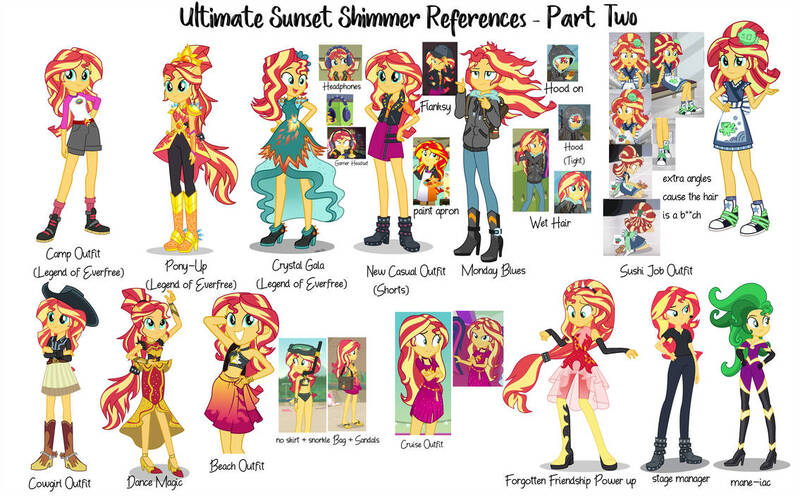 Size: 1135x704 | Tagged: safe, artist:wubcakeva, derpibooru import, mane-iac, sunset shimmer, dance magic, display of affection, eqg summertime shorts, equestria girls, equestria girls series, forgotten friendship, game stream, good vibes, legend of everfree, monday blues, movie magic, overpowered (equestria girls), the art of friendship, spoiler:eqg series (season 2), spoiler:eqg specials, clothes, converse, costume, cowgirl, crystal gala, crystal guardian, flanksy, outfits, ponied up, reference sheet, shoes, sunset sushi, super ponied up, wig
