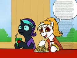 Size: 960x720 | Tagged: alicorn, alicorn oc, apple juice, artist:pony quarantine, copypasta, derpibooru import, disgruntled, disturbed, dyx upsetting nyx, eating, edit, editor:countcoltnackh, exploitable meme, food, french fries, horn, juice, meme, oc, oc:dyx, oc:nyx, pyrocynical, safe, shitposting, so guys we did it, text, wall of text, wings