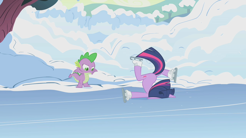 Size: 1280x720 | Tagged: safe, derpibooru import, screencap, twilight sparkle, dragon, pony, unicorn, winter wrap up, baby, baby dragon, duo, faceplant, female, ice, ice skates, ice skating, majestic as fuck, male, mare, slapstick, snow, unicorn twilight