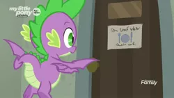 Size: 1920x1080 | Tagged: safe, derpibooru import, screencap, spike, dragon, the point of no return, flying, male, sign, solo, winged spike, written equestrian