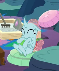 Size: 342x411 | Tagged: changedling, changeling, cropped, cushion, cute, derpibooru import, diaocelles, eyes closed, landing, ocellus, pillow, safe, screencap, sitting, smiling, solo, uprooted