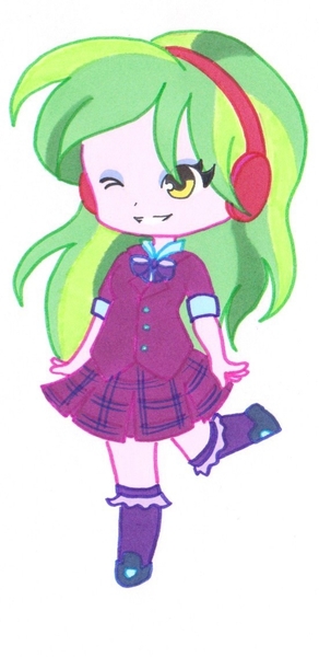 Size: 550x1132 | Tagged: safe, artist:ocean-drop, derpibooru import, lemon zest, equestria girls, chibi, clothes, cropped, crystal prep academy uniform, cute, headphones, looking at you, one eye closed, school uniform, simple background, smiling, solo, white background, wink, zestabetes