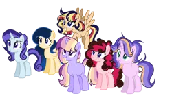 Size: 600x344 | Tagged: safe, artist:thesmall-artist, derpibooru import, oc, unofficial characters only, earth pony, pegasus, pony, unicorn, base used, female, magical lesbian spawn, mare, offspring, parent:applejack, parent:cheese sandwich, parent:flash sentry, parent:fluttershy, parent:pinkie pie, parent:princess luna, parent:rainbow dash, parent:rarity, parent:starlight glimmer, parent:sunset shimmer, parent:trixie, parent:twilight sparkle, parents:cheesepie, parents:flashimmer, parents:glimmerjack, parents:lunashy, parents:rarixie, parents:twidash, simple background, transparent background