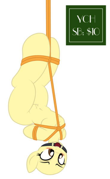Size: 2104x3420 | Tagged: suggestive, artist:digiqrow, deleted from derpibooru, derpibooru import, pony, advertisement, arm behind back, ballgag, belly button, bondage, chest fluff, commission, female, gag, pubic fluff, rope, simple background, solo, solo female, suspended, suspension bondage, transparent background, upside down, ych example, your character here
