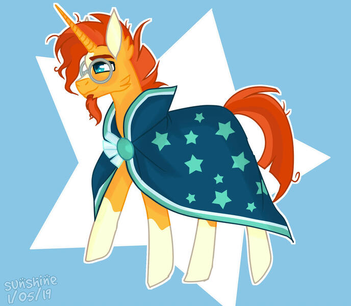 Size: 1024x893 | Tagged: safe, artist:sunshinejuliet, derpibooru import, sunburst, pony, unicorn, abstract background, cheek fluff, clothes, ear fluff, facial hair, glasses, goatee, male, profile, robe, solo, stallion, stars, sunburst's robe