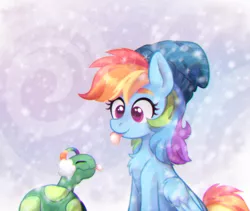 Size: 1500x1264 | Tagged: safe, artist:jumblehorse, artist:pink-pone, derpibooru import, rainbow dash, tank, pegasus, pony, tortoise, catching snowflakes, chest fluff, chromatic aberration, collaboration, colored pupils, cute, dashabetes, duo, earmuffs, eyes closed, female, hat, mare, snow, tankabetes, tongue out, wing fluff, winter